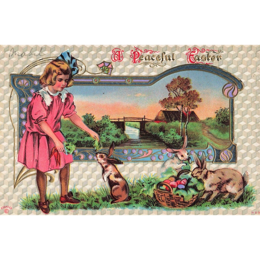 Vintage 1911 A Peaceful Easter Postcard Girl Feeding Rabbits P. Sander Embossed